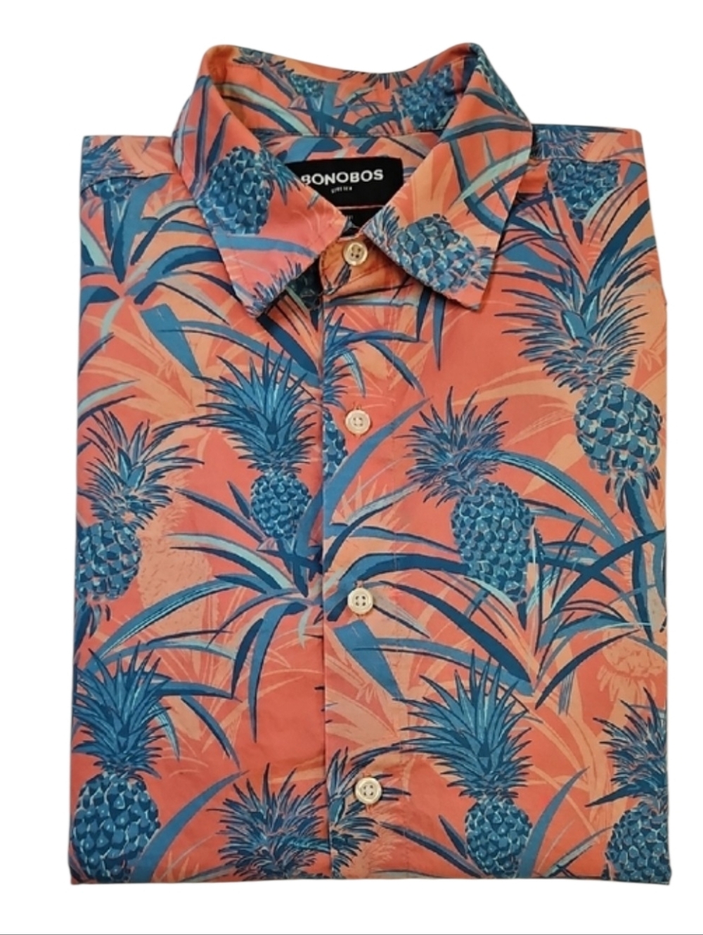 Bonobos Men’s Short-Sleeve Coral/Blue Pineapple Print, Size Small, Slim Fit
